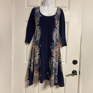 T25a- MAEVE Navy BOHO Print Fit & Flare EIRA Sweater Dress